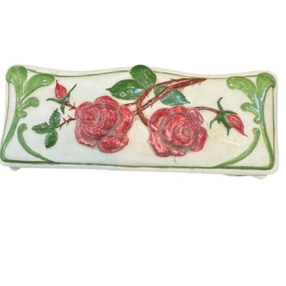 Hand-Painted Ceramic Jewelry Trinket Box With Pink Roses & Green Vines Design - Picture 11 of 12